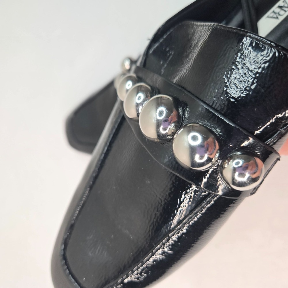 Zara Square Toe Mule Shoes Size 6 Patent Leather Studded Slip On Preppy Loafers - Picture 7 of 12